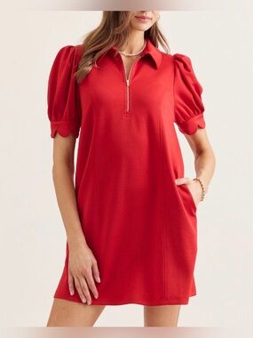 entro Red Puff-Sleeve Polo Zip Mini Dress